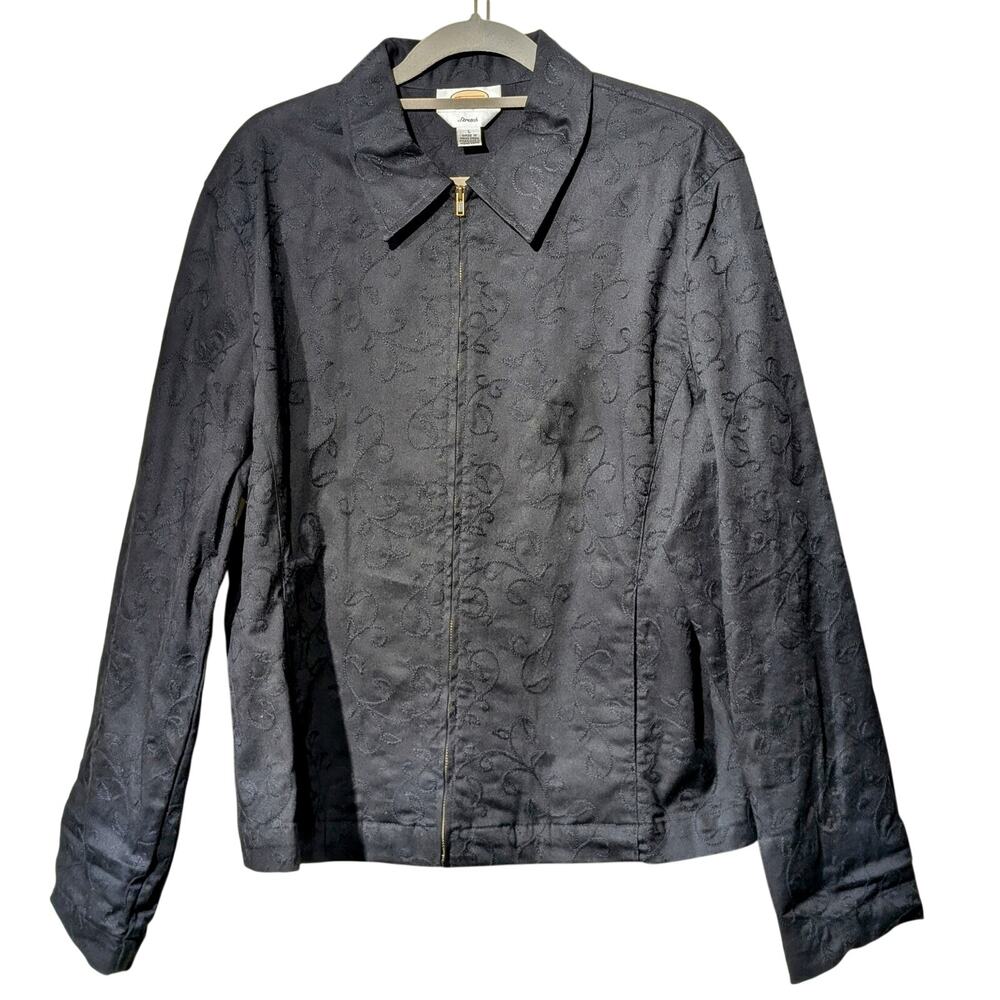 Vtg Black Cotton Stretch Full Zip Soutache Top Stitch Design Unlined Jacket Sz L